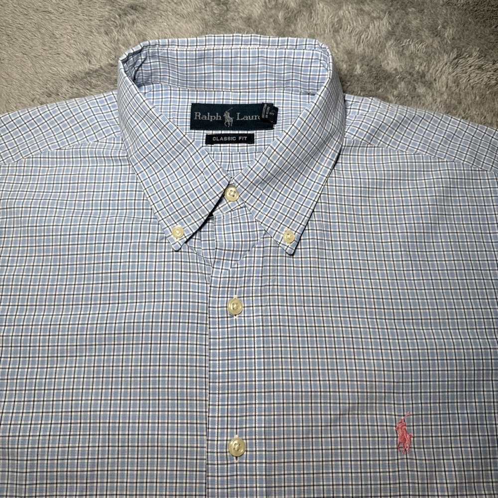 Ralph Lauren Classic Fit Men's L Button Down Short Sleeve Blue Plaid Pink Pony